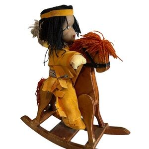 Vintage Native American Doll on Wooden Rocking Horse Figurine